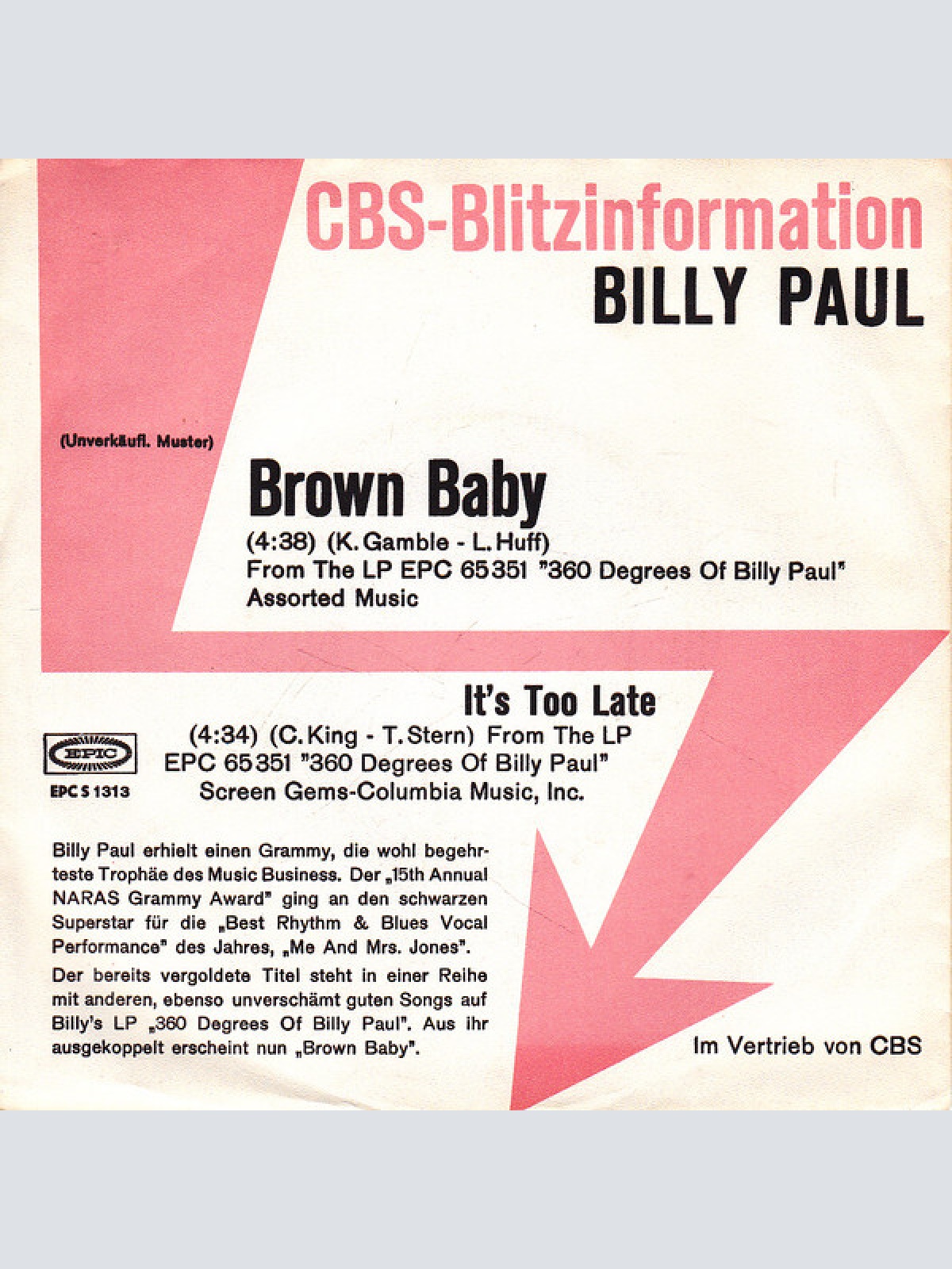 7", Single, Promo Billy Paul - Brown Baby