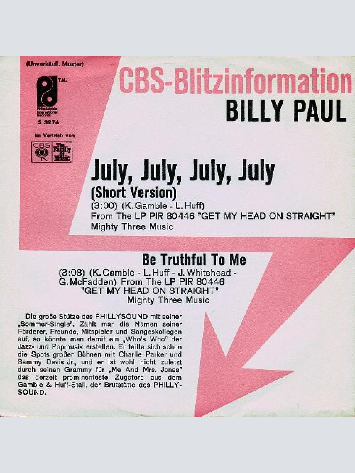 7", Single, Promo Billy Paul - July, July, July, July