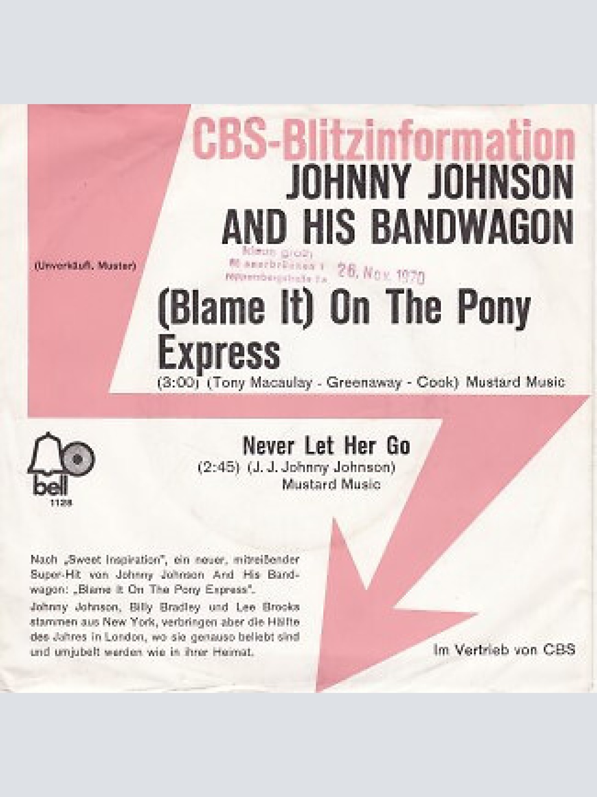 7", Single, Promo Johnny Johnson & His Bandwagon* - (Blame It) On The Pony Ex...