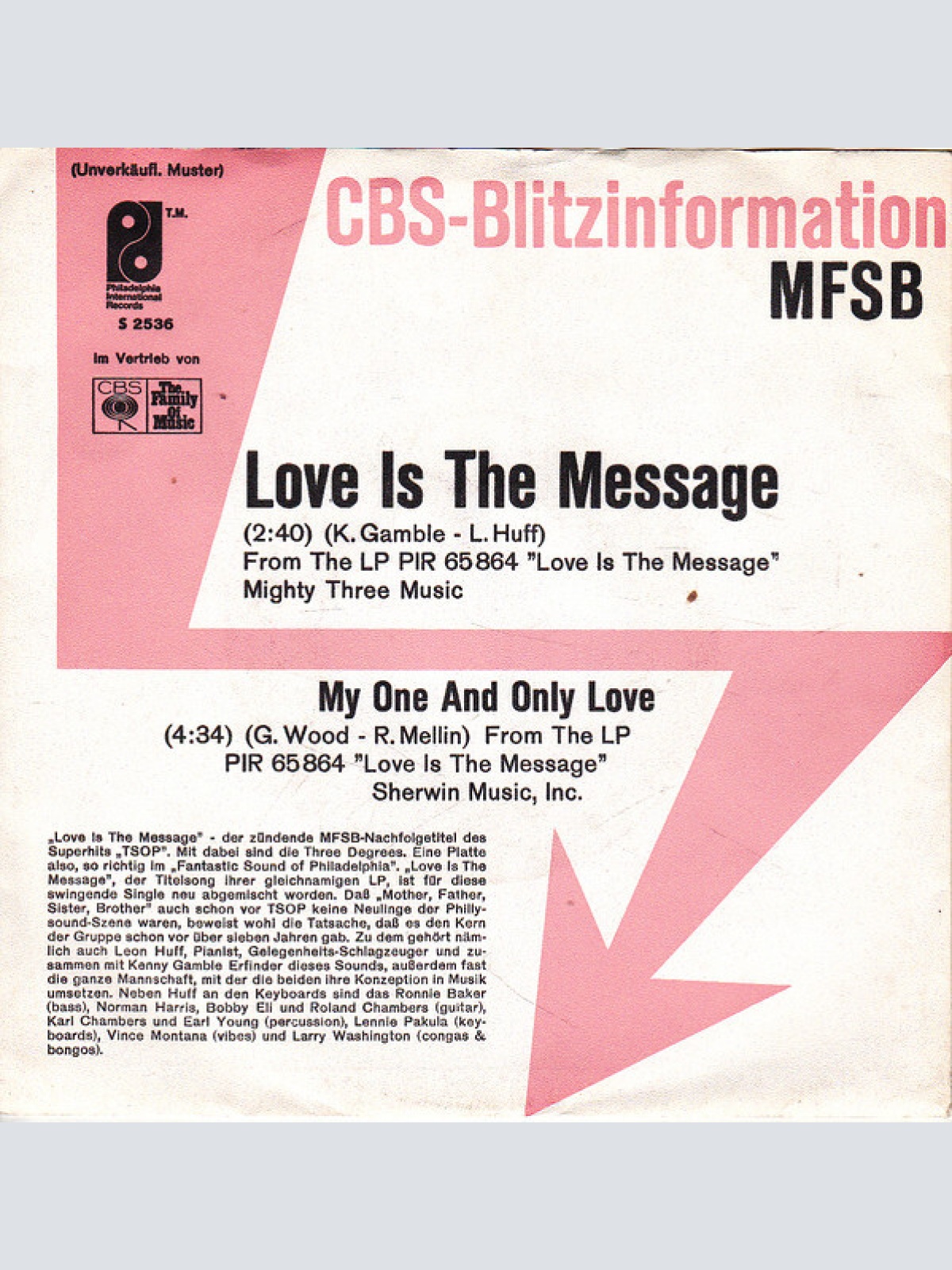7", Single, Promo MFSB Featuring The Three Degrees - Love Is The Message