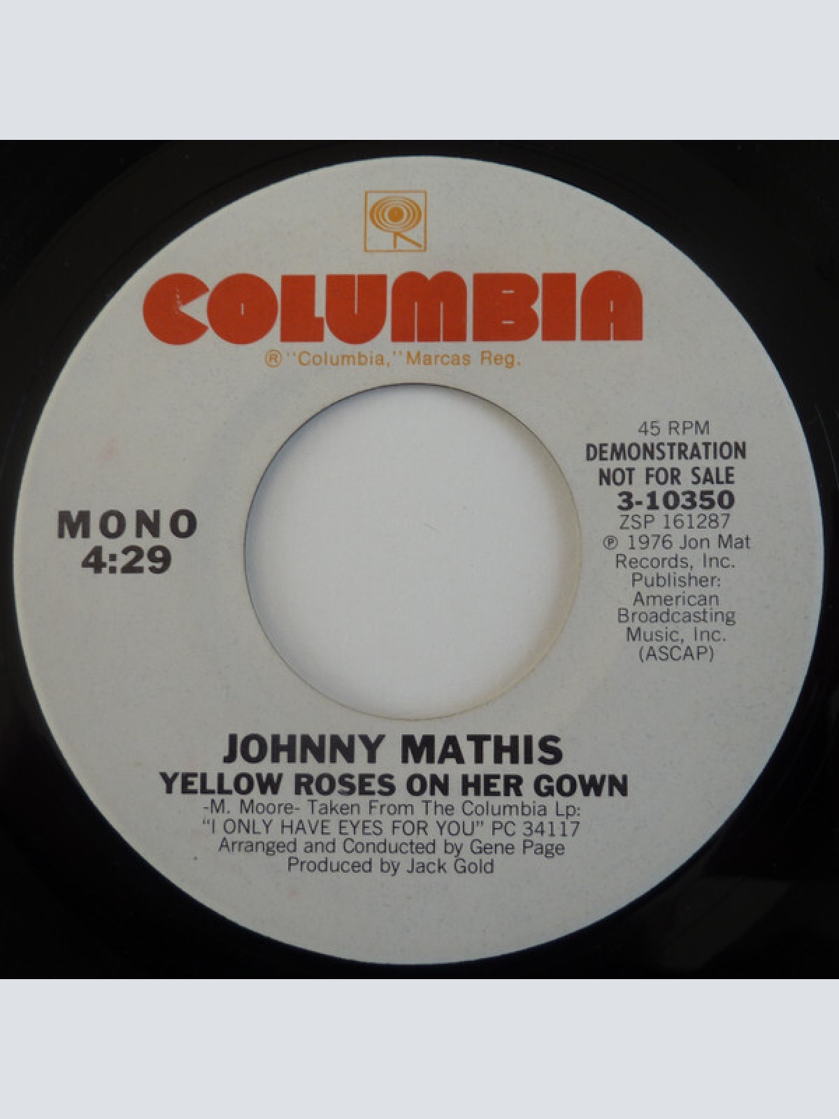 7", Promo Johnny Mathis - Yellow Roses On Her Gown
