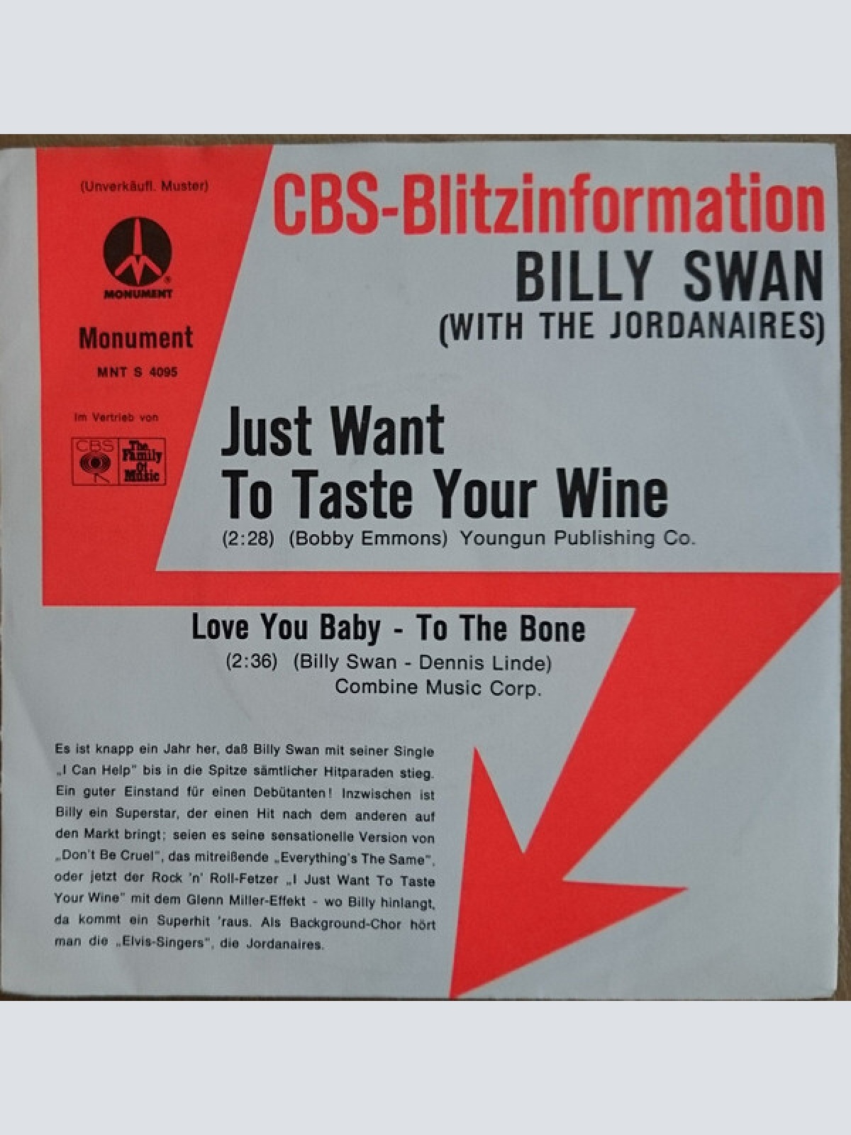 7", Single, Promo Billy Swan With The Jordanaires - Just Want To Taste Your Wine