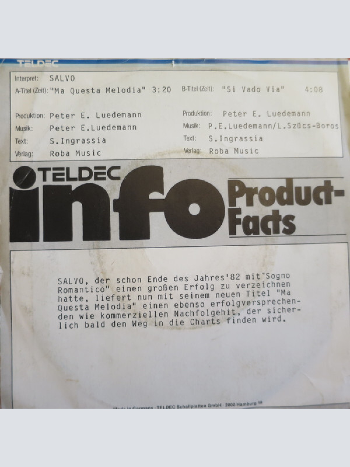 7", Single, Promo Salvo - Ma Questa Melodia / Si Vado Via