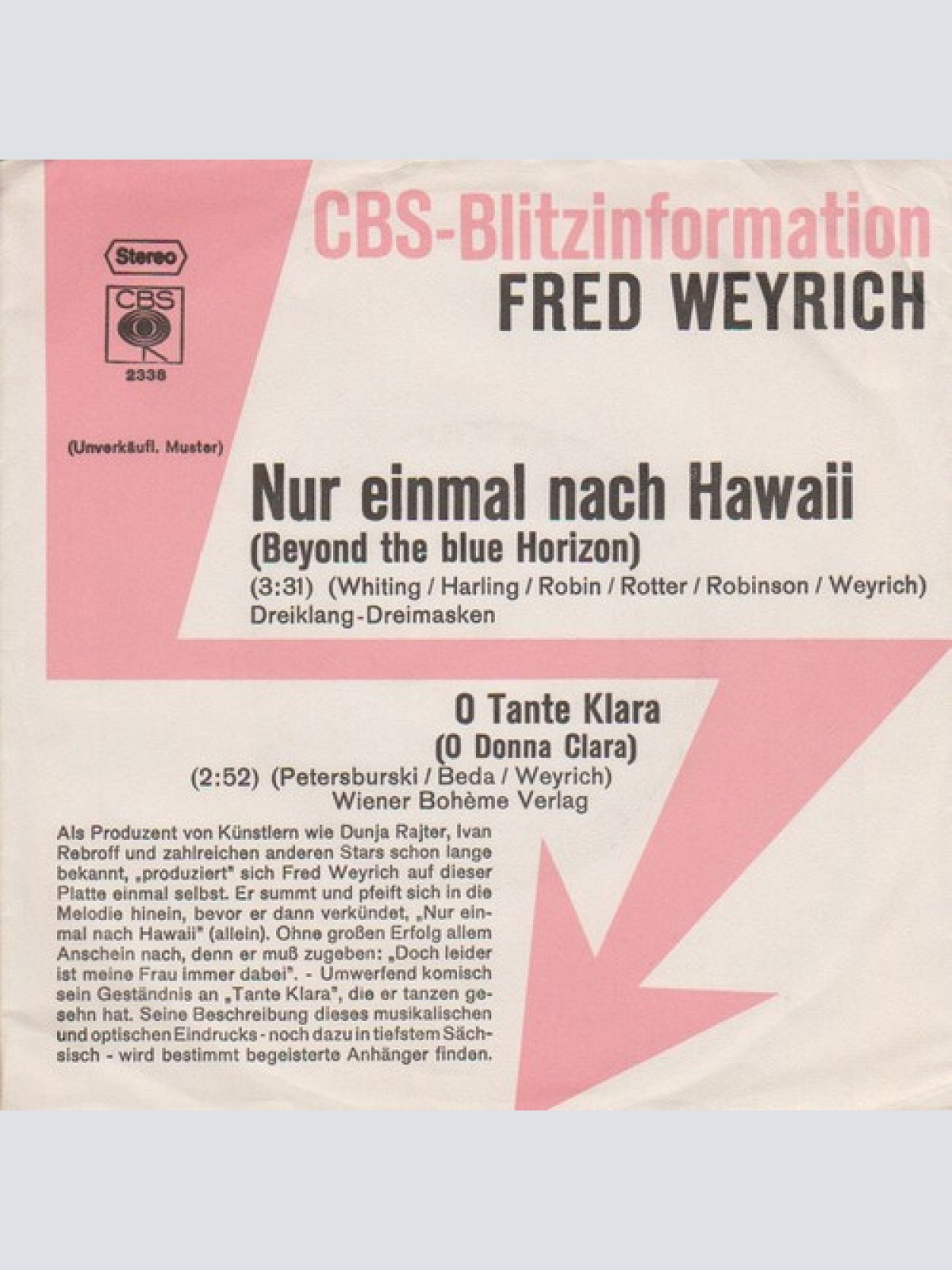 7", Single, Promo Fred Weyrich - Nur Einmal Nach Hawaii