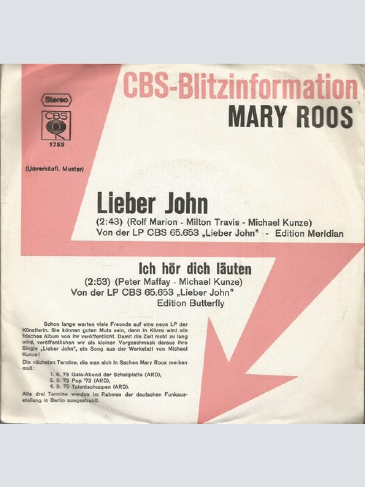 7", Single, Promo Mary Roos - Lieber John