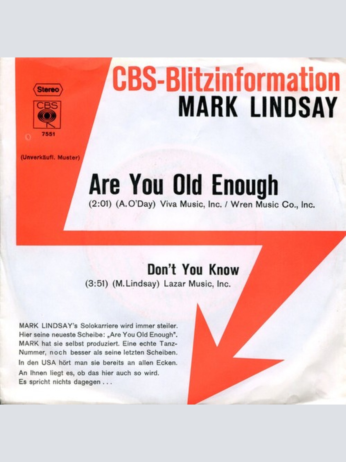 7", Single, Promo Mark Lindsay - Are You Old Enough