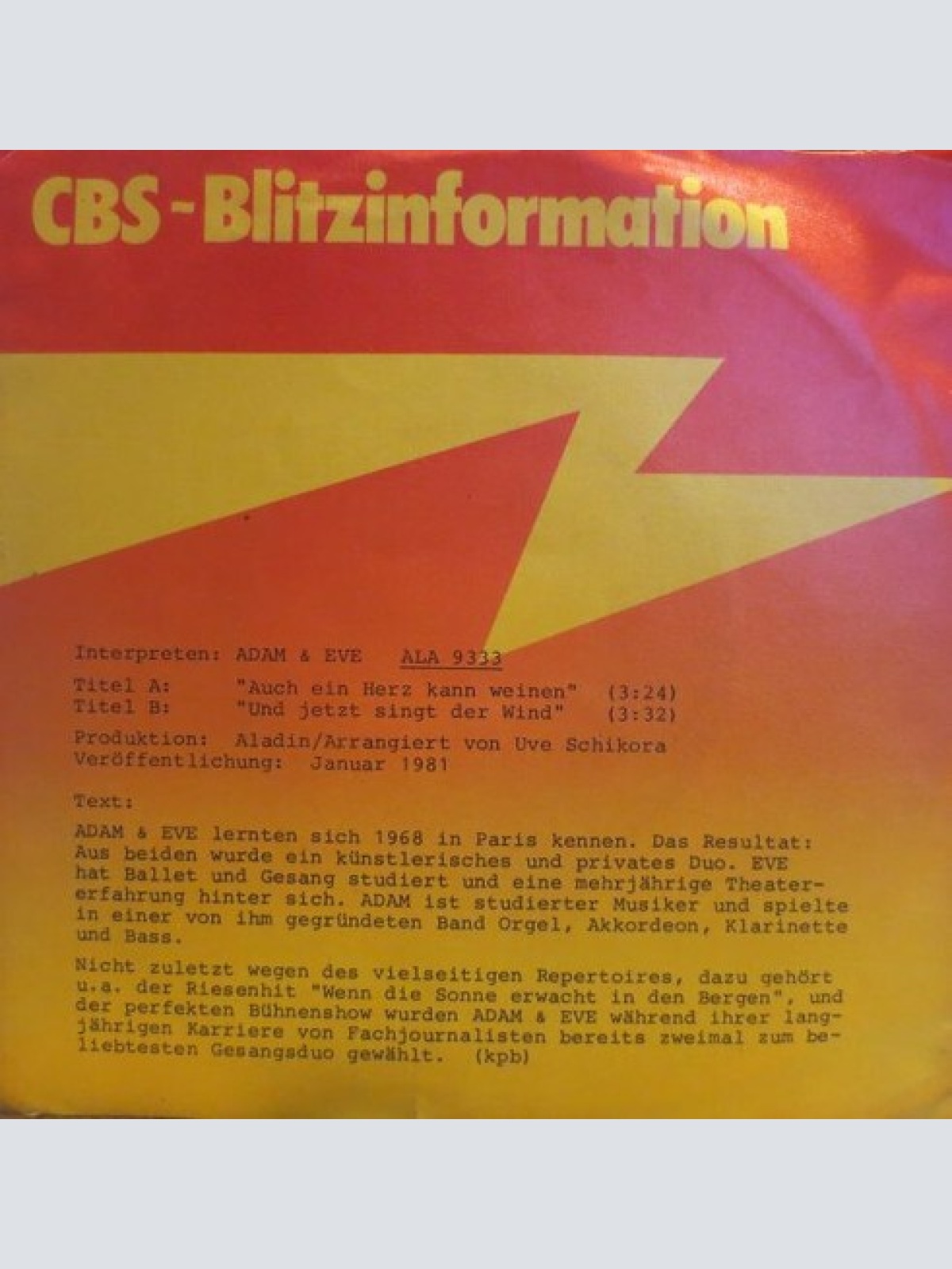 7", Single, Promo Adam & Eve (6) - Auch Ein Herz Kann Weinen