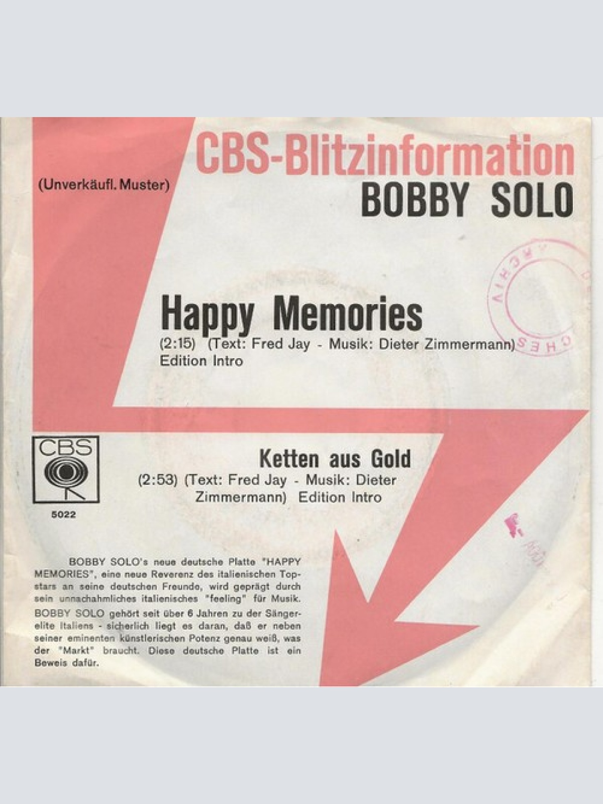 7", Promo Bobby Solo - Happy Memories