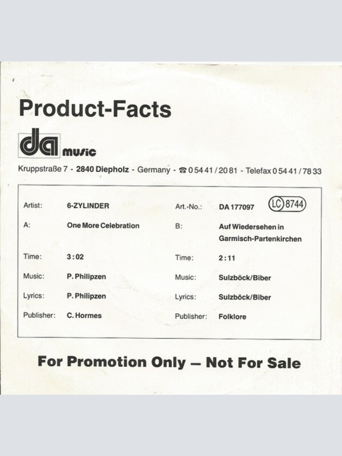 7", Single, Promo 6-Zylinder - One More Celebration