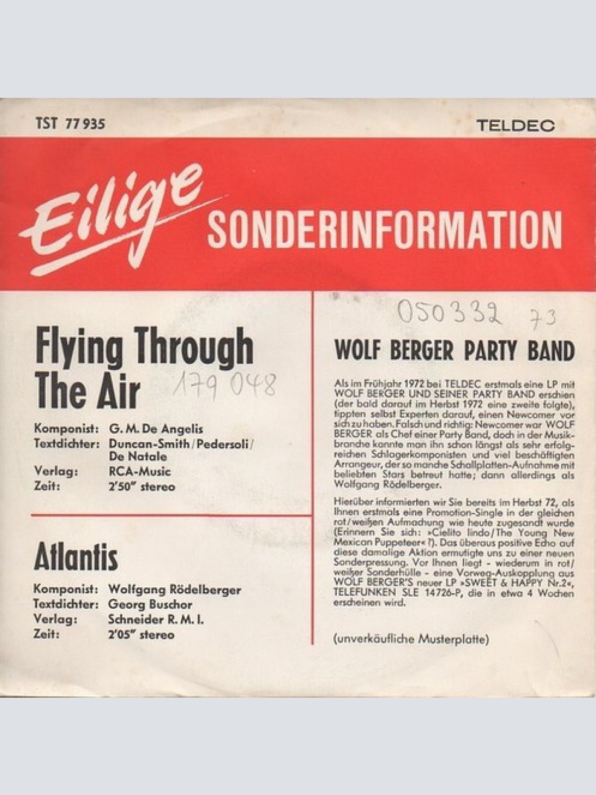 7", Single, Promo Wolf Berger Party Band - Flying Through The Air