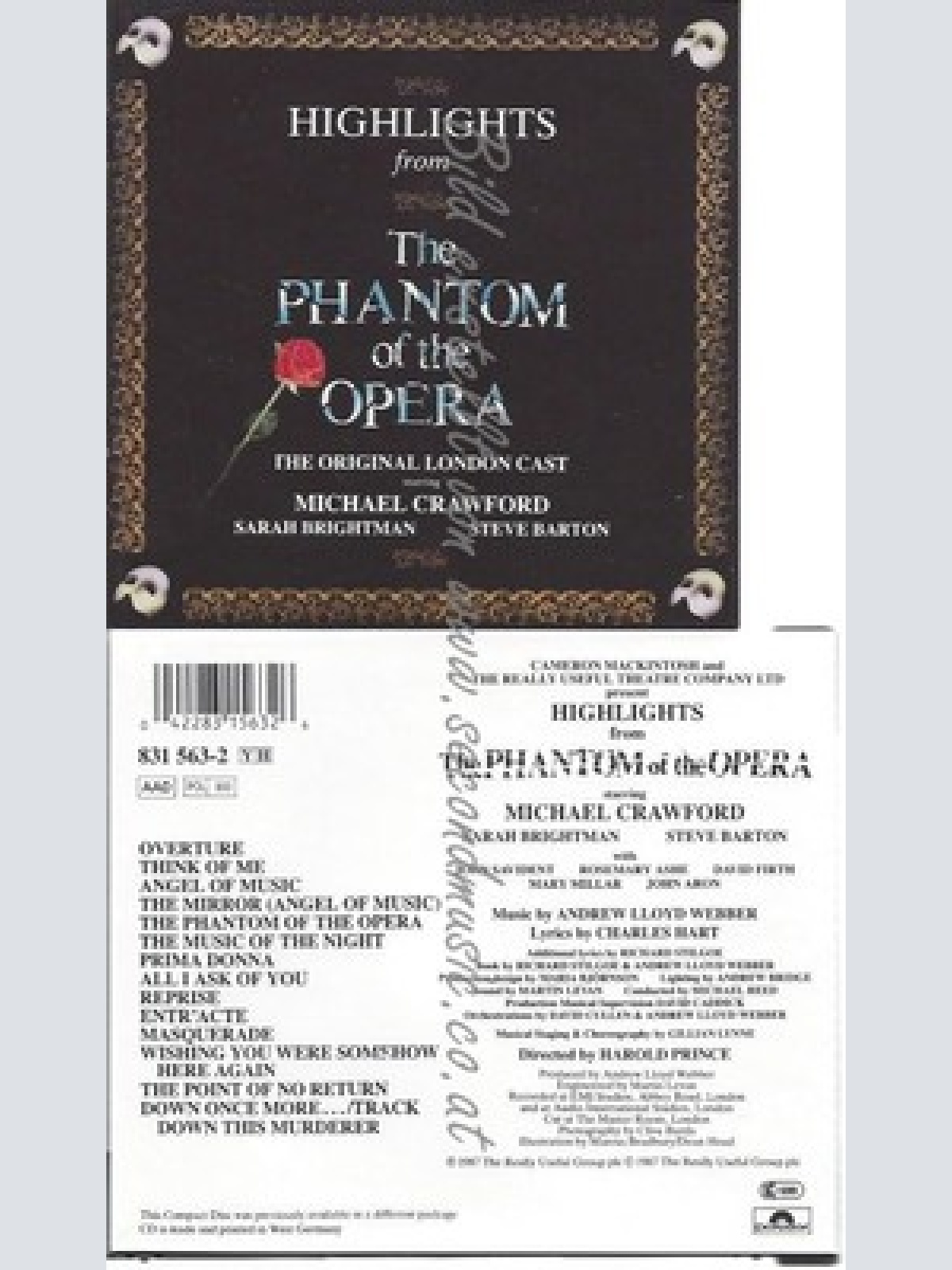 CD--VARIOUS, MUSICAL --HIGHLIGHTS FROM THE PHANTOM OF THE OPERA -ORIG. LONDON CA