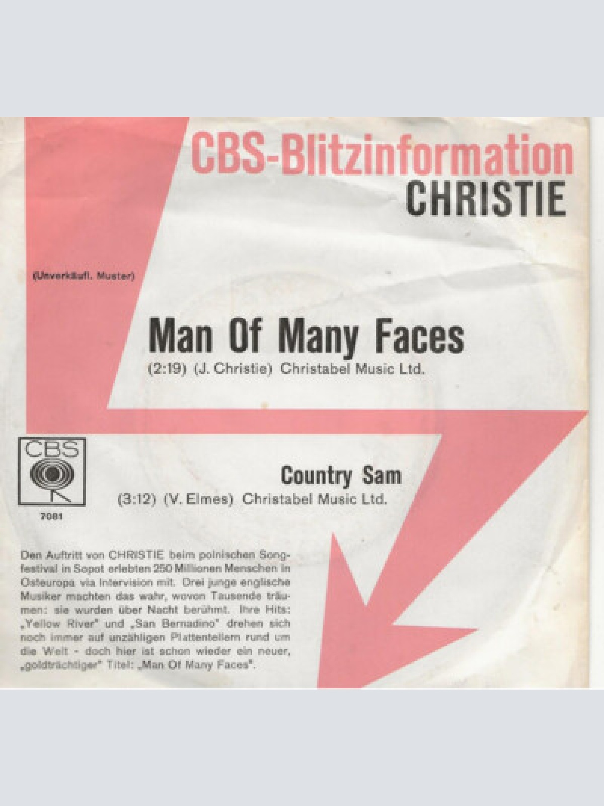 7", Promo Christie -  Man Of Many Faces