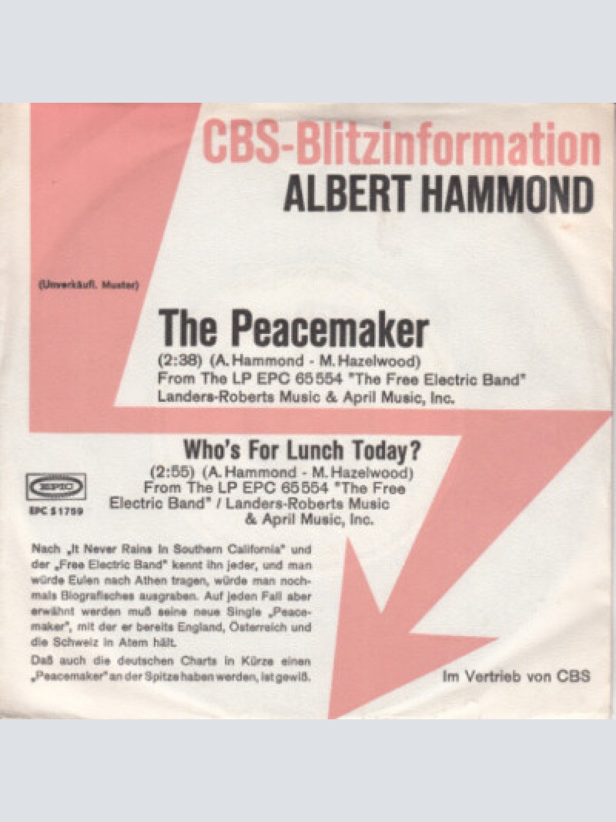 7", Single, Promo Albert Hammond - The Peacemaker