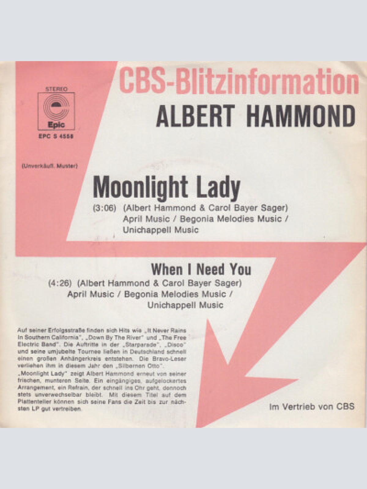 7", Single, Promo Albert Hammond - Moonlight Lady
