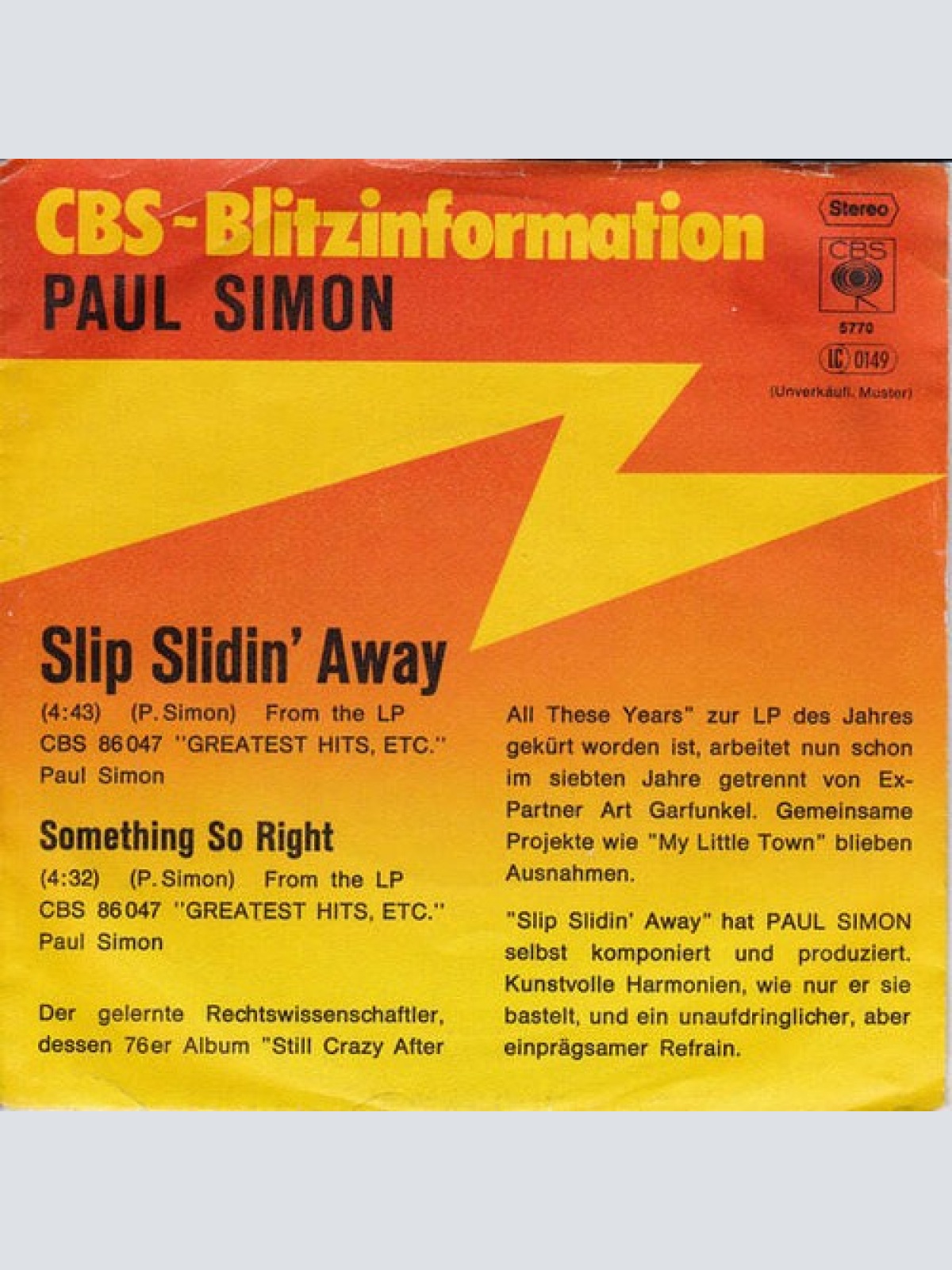 7", Single, Promo Paul Simon - Slip Slidin' Away