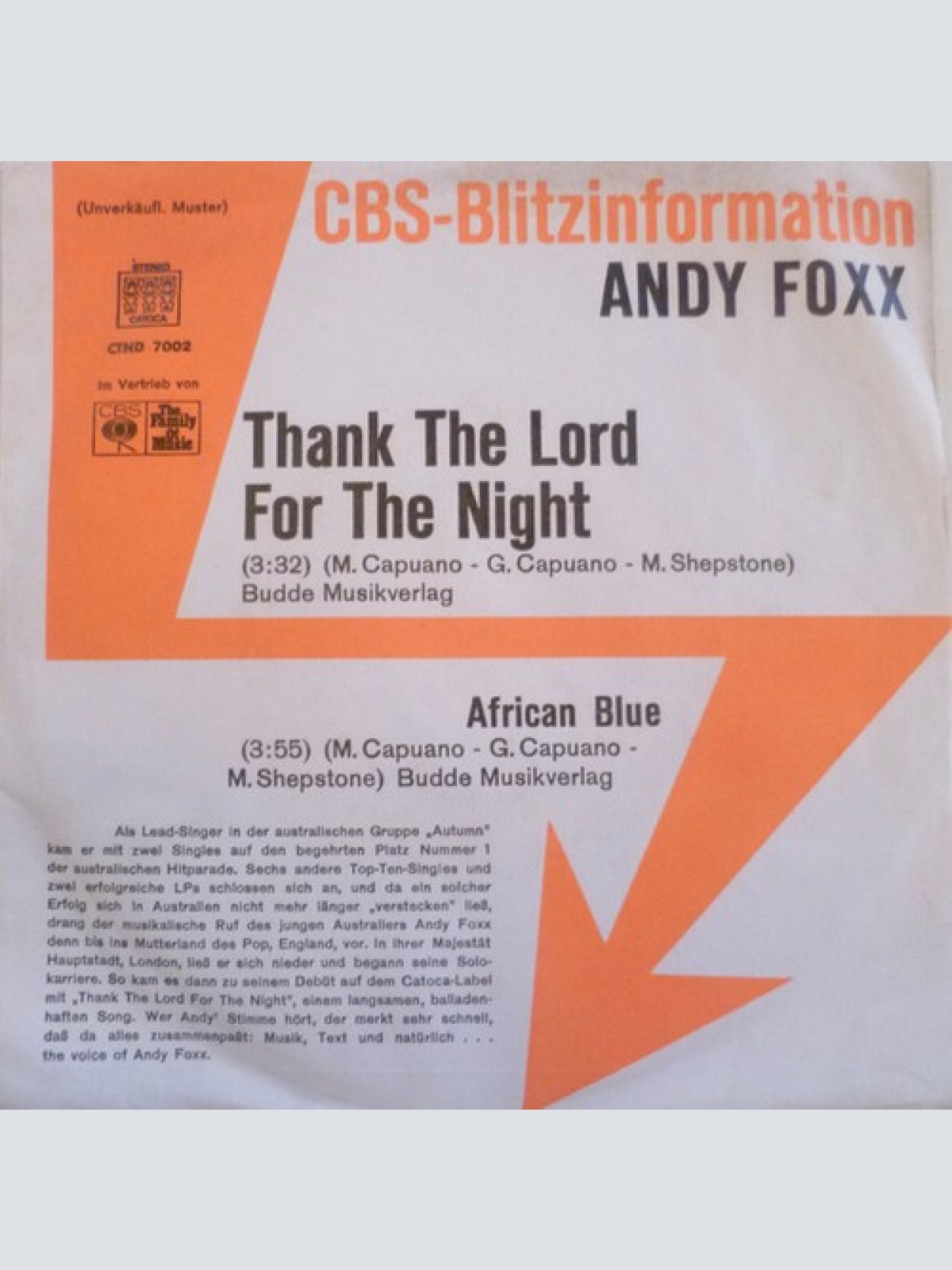7", Single, Promo Andy Foxx - Thank The Lord For The Night