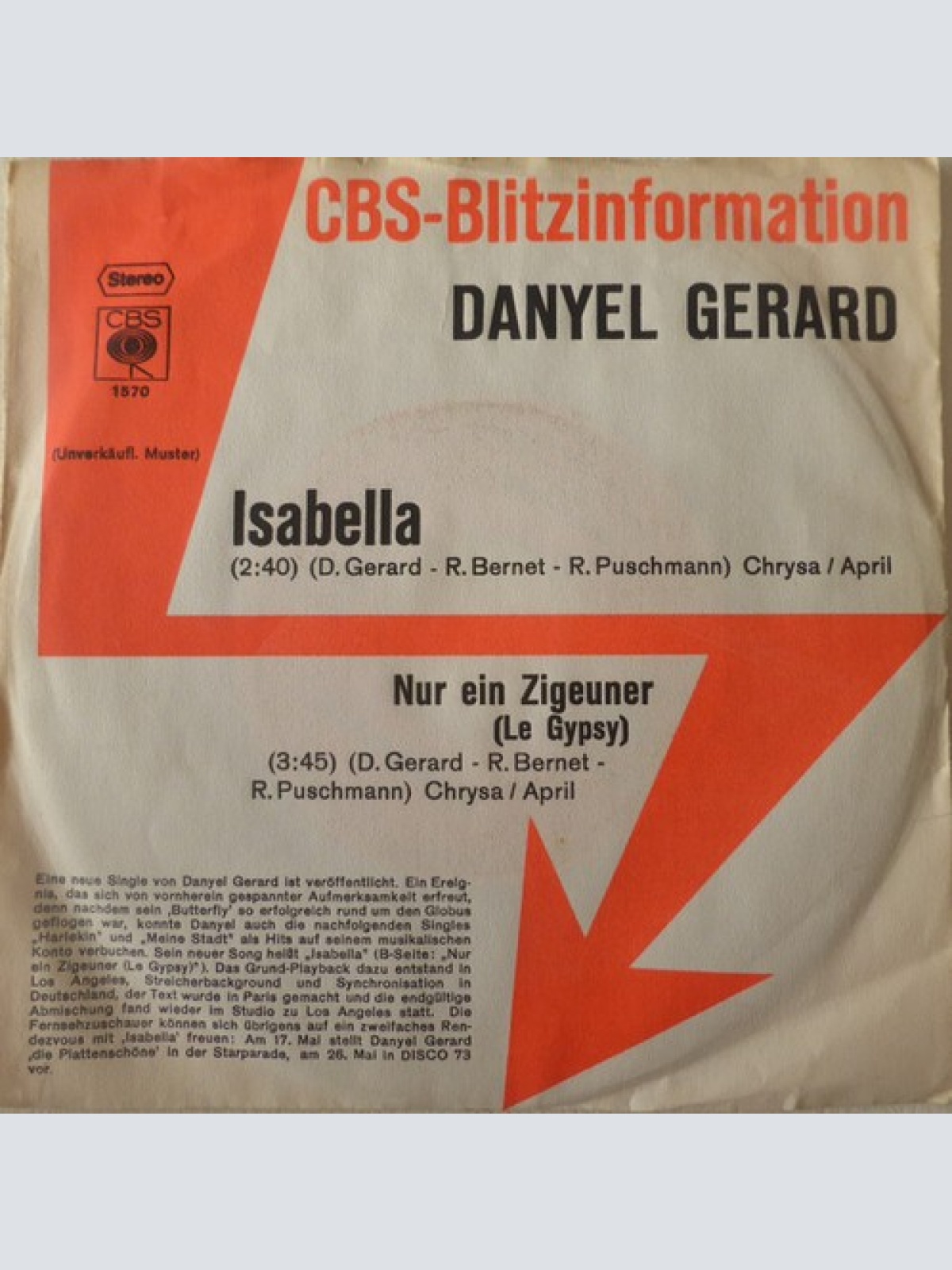 7", Promo Danyel Gérard - Isabella