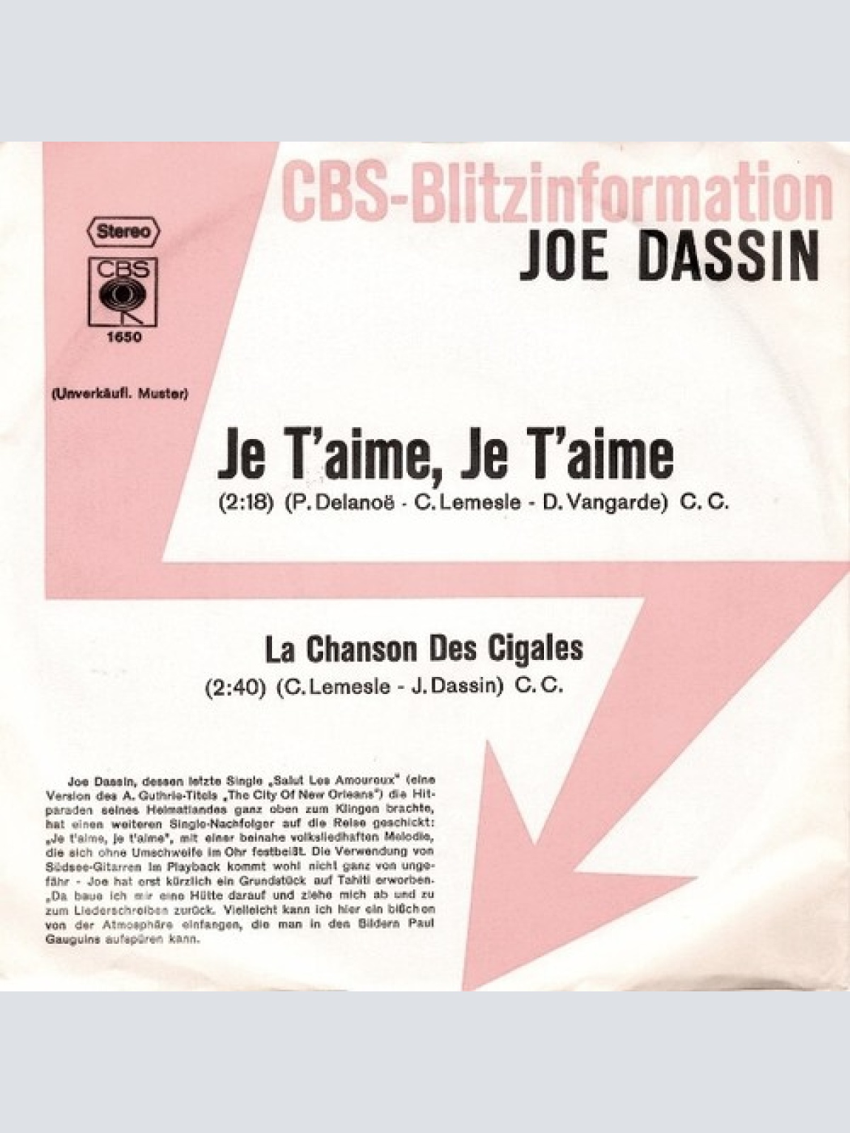 7", Single, Promo Joe Dassin - Je T'Aime, Je T'Aime / La Chanson Des Cigales