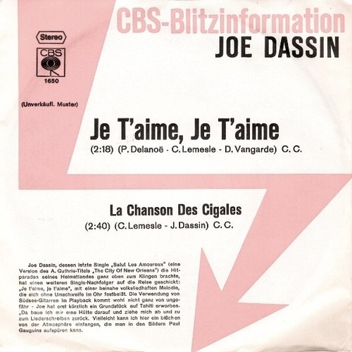 7", Single, Promo Joe Dassin - Je T'Aime, Je T'Aime / La Chanson Des Cigales
