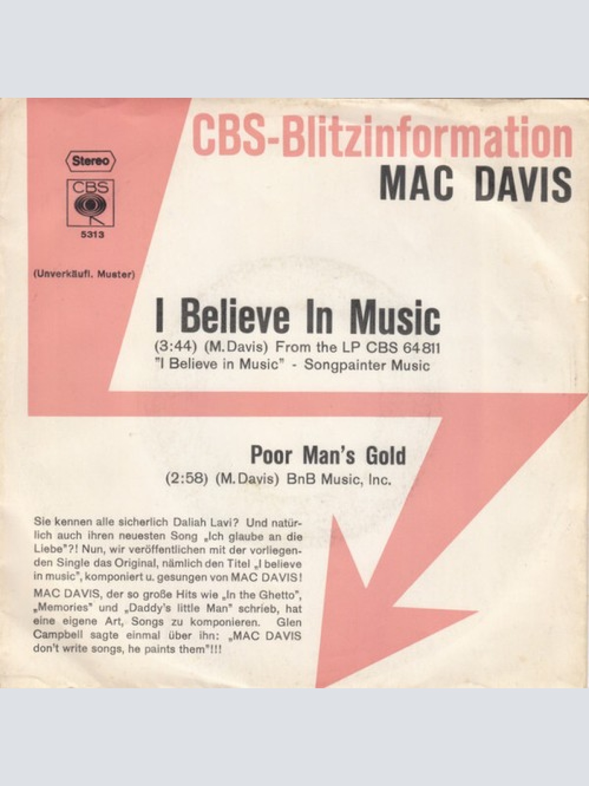 7", Single, Promo Mac Davis - I Believe In Music
