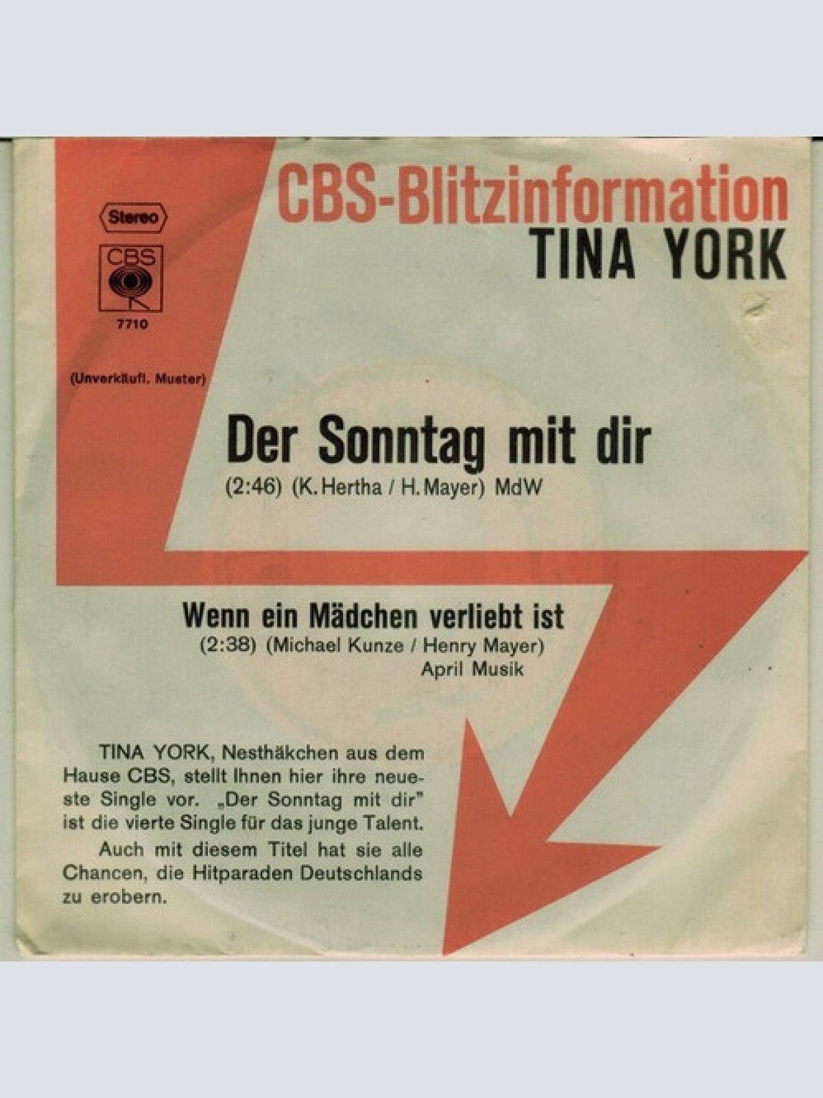 7", Single, Promo Tina York - Der Sonntag Mit Dir