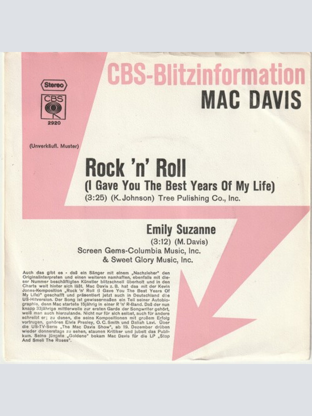 7", Single, Promo Mac Davis - Rock N' Roll (I Gave You The Best Years Of My L...