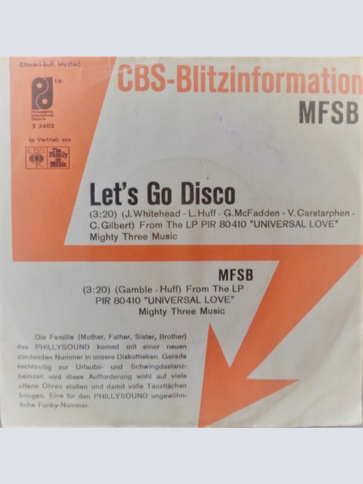 7", Promo MFSB - Let's Go Disco