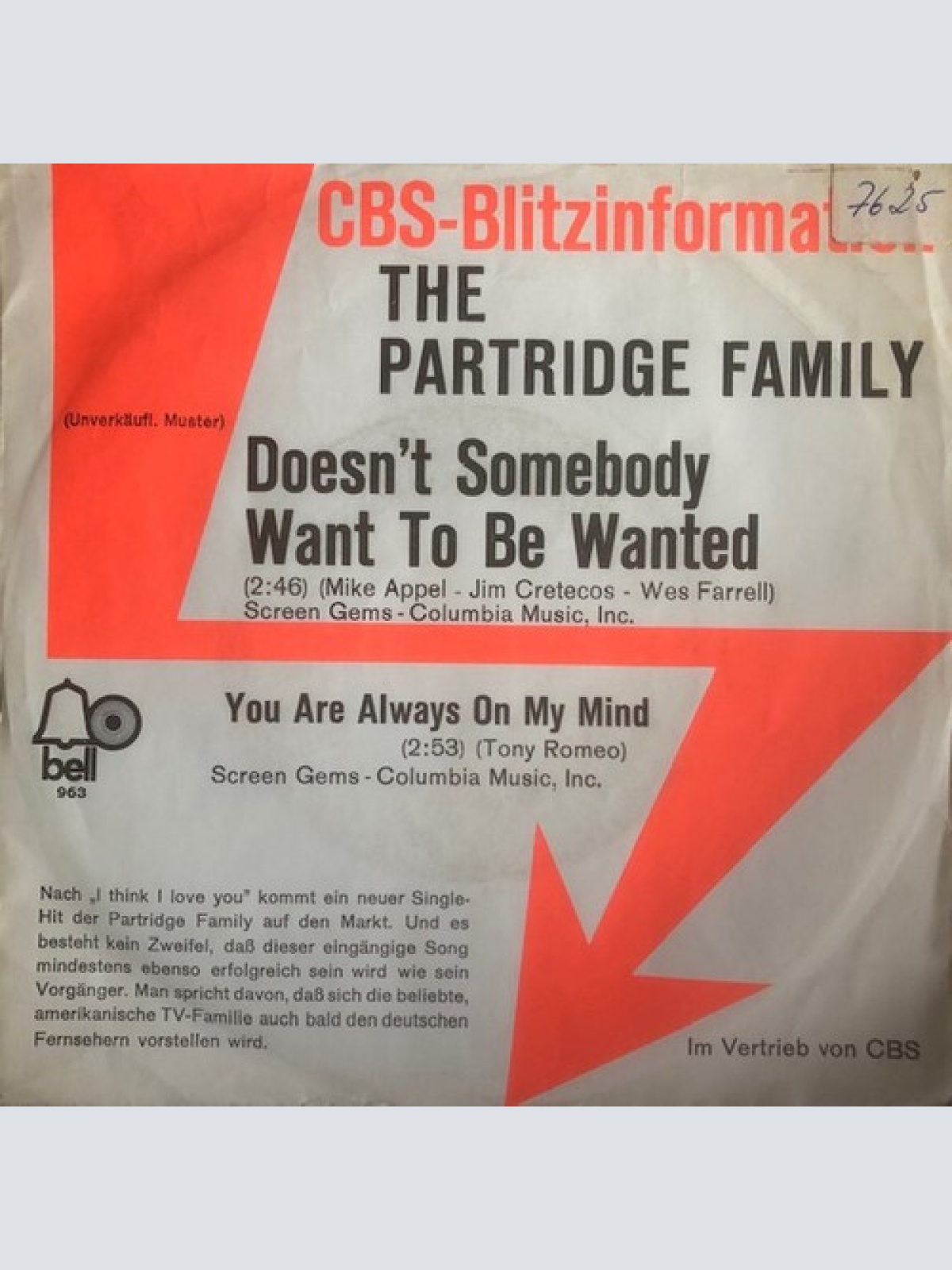 7", Single, Promo The Partridge Family - Doesn't Somebody Want To Be Wanted