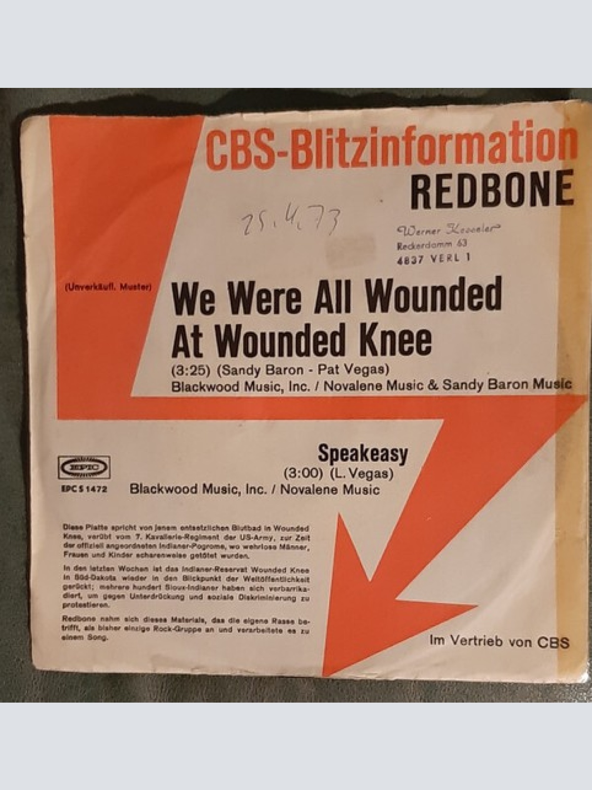 7", Promo Redbone - We Were All Wounded At Wounded Knee