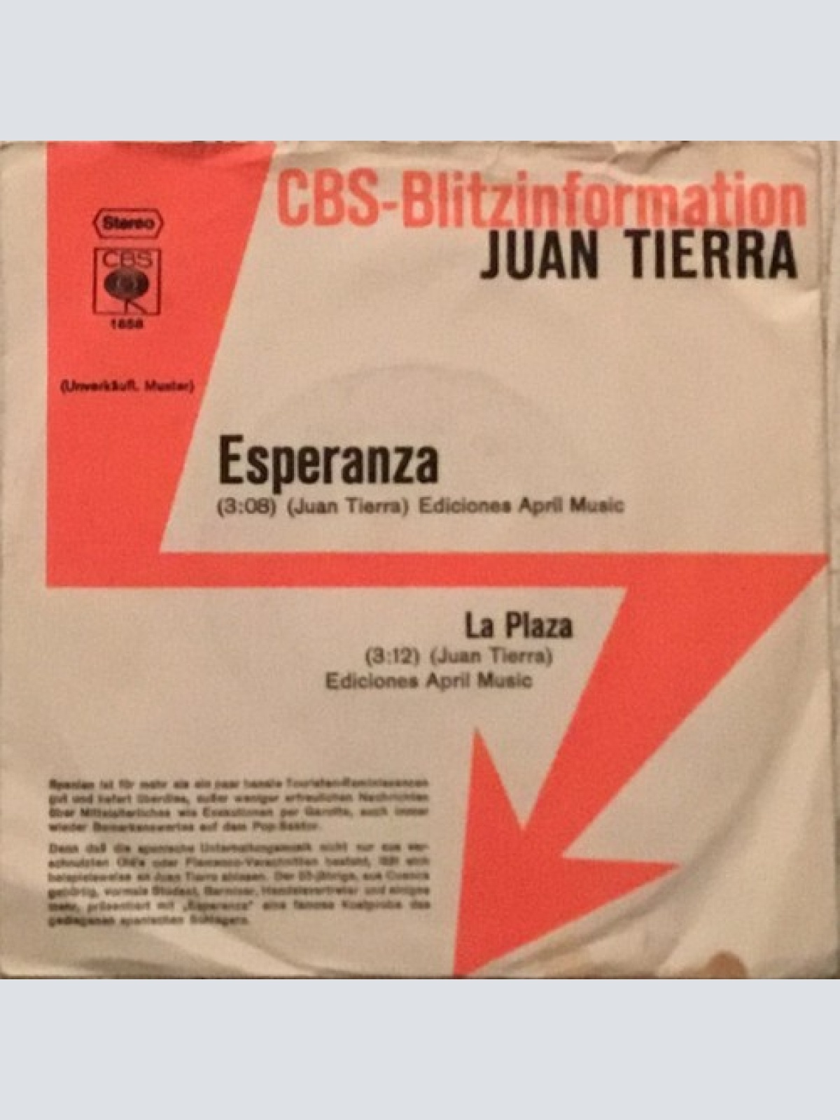 7", Promo, W/Lbl Juan Tierra - Esperanza / La Plaza
