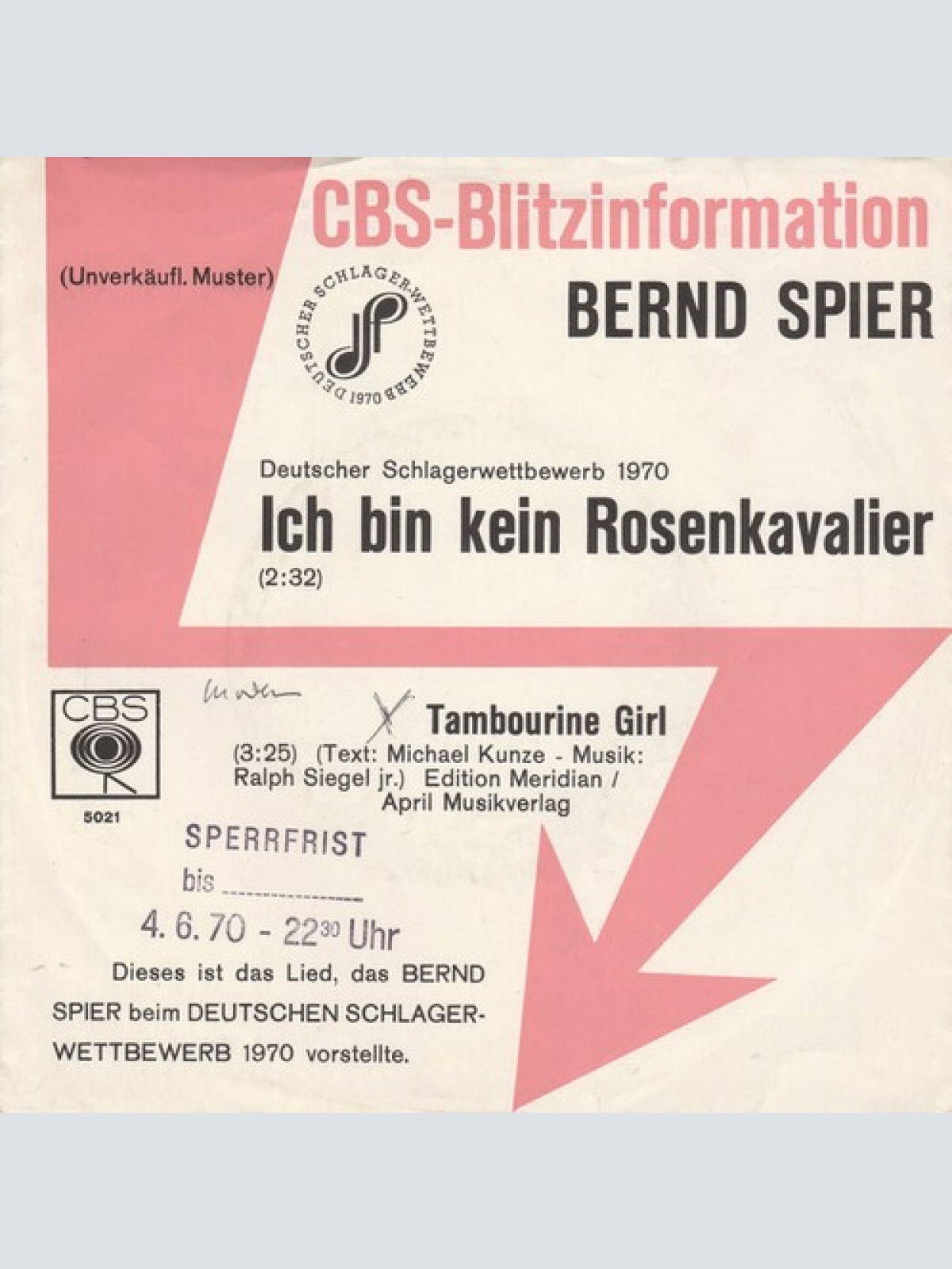 7", Single, Promo Bernd Spier - Ich Bin Kein Rosenkavalier