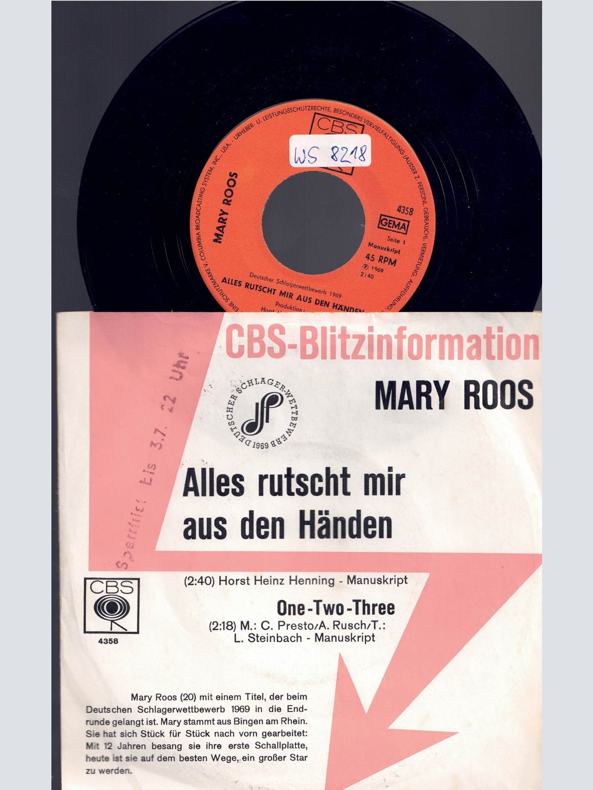 7", Mary Roos Alles rutscht mir aus den Händen     Promo