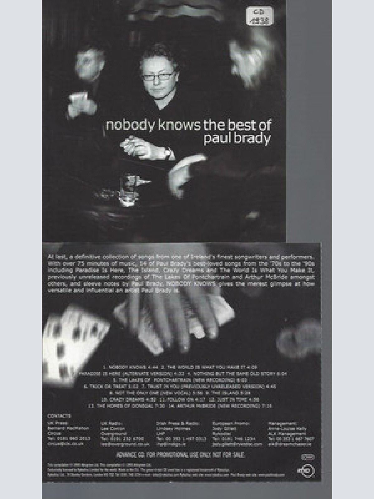 CD--PAUL BRADY NOBODY KNOWS THE BEST OF--PROMO
