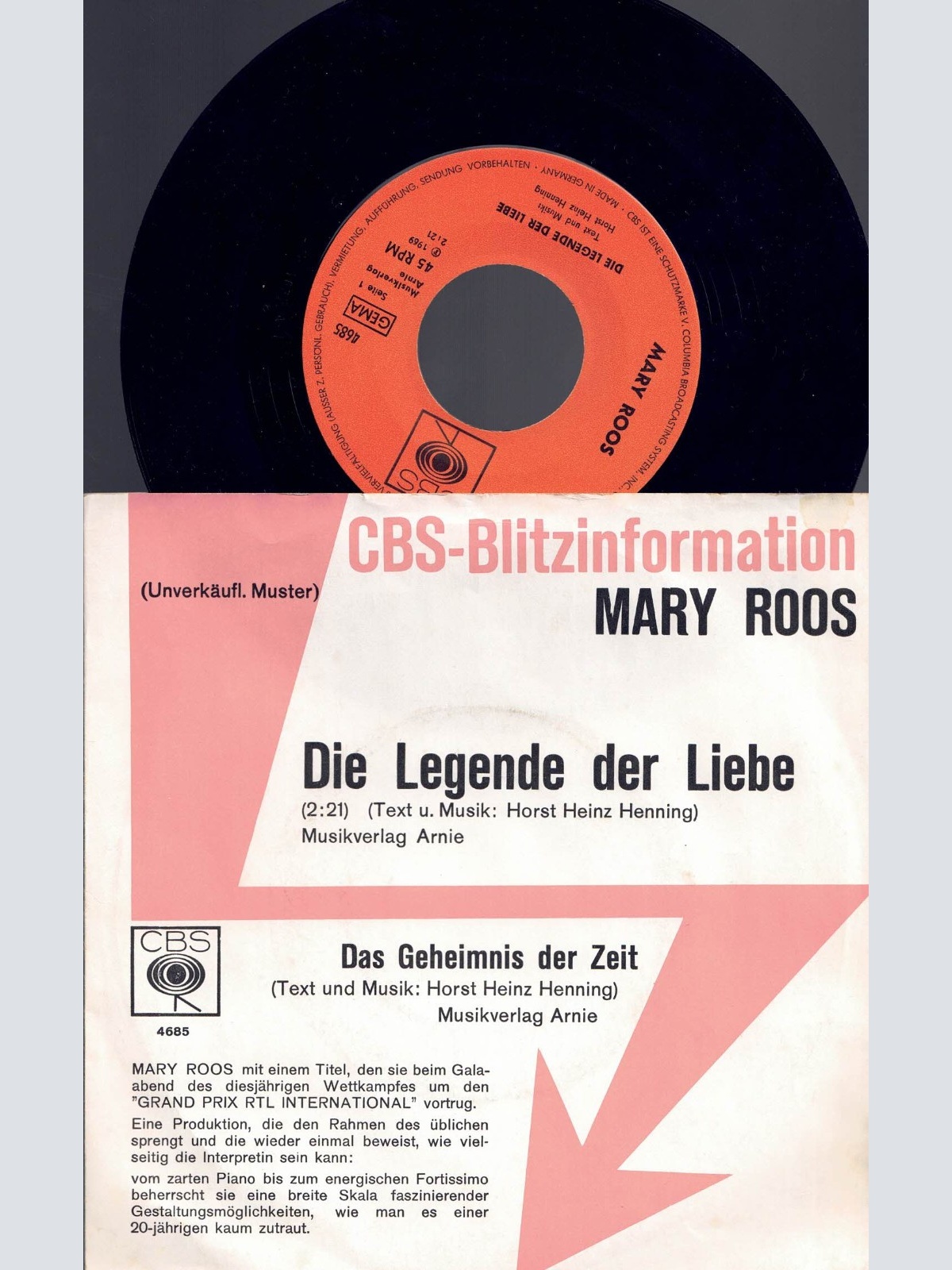 7", Mary Roos Die Legende der Liebe  Promo