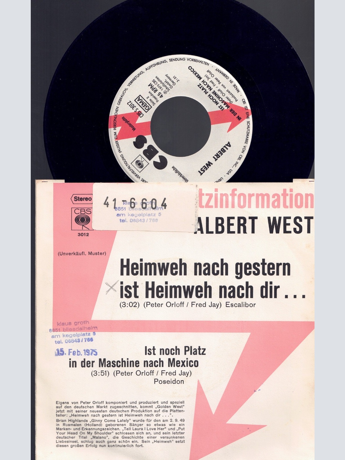 7"  Albert West Heimweh nach gestern ist Heimweh nach dir