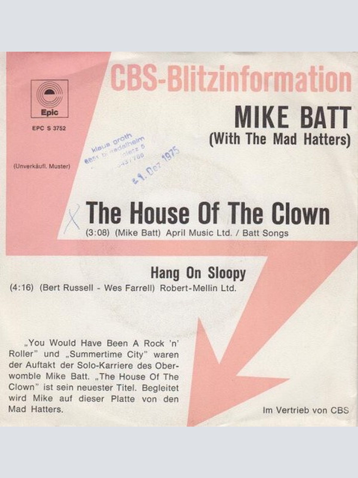 7", Promo Mike Batt With The Mad Hatters (7) - The House Of The Clown