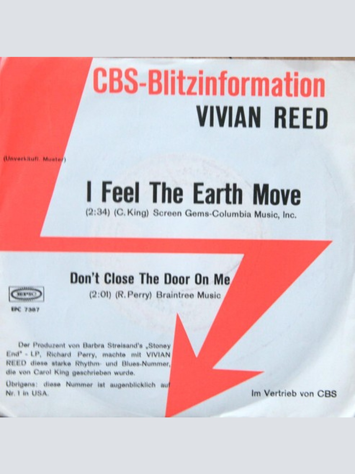 7", Single, Promo Vivian Reed - I Feel The Earth Move