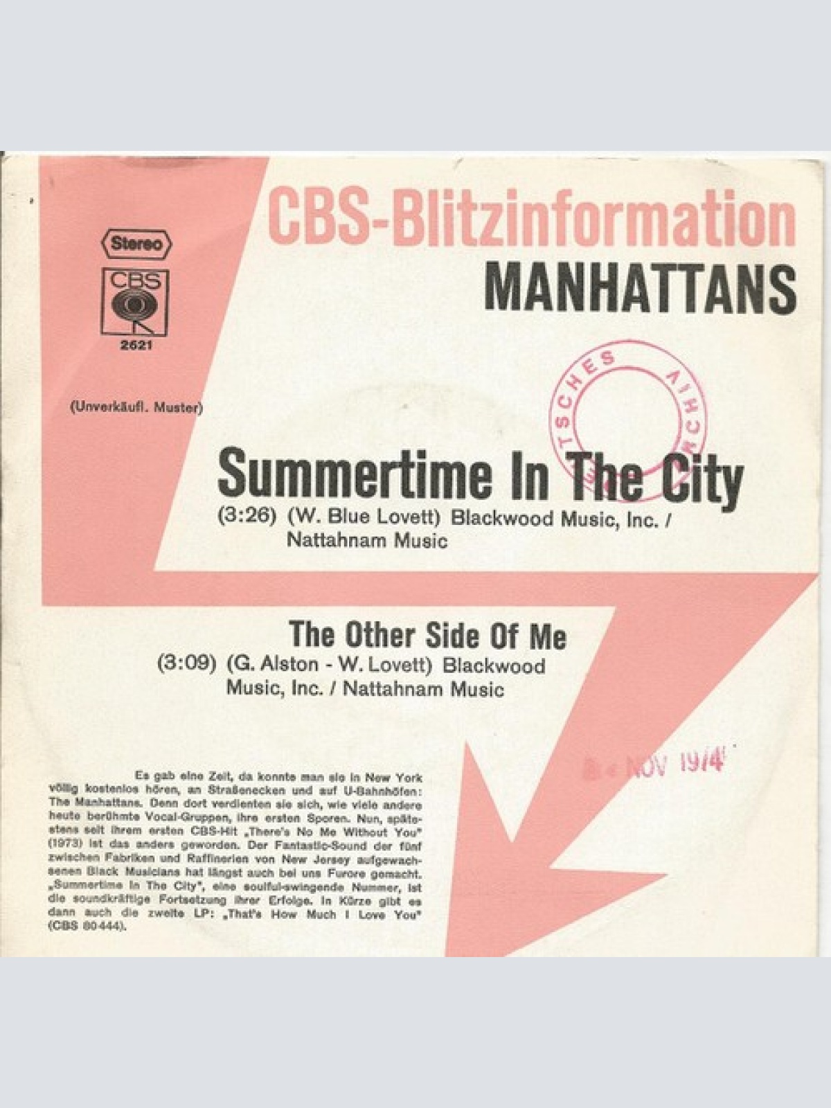 7", Single, Promo Manhattans - Summertime In The City