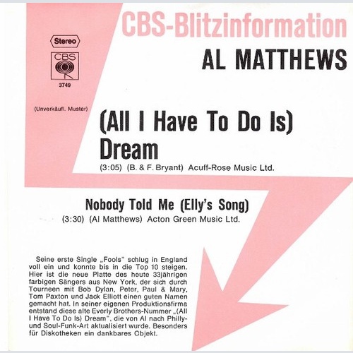 7", Single, Promo Al Matthews - (All I Have To Do Is) Dream