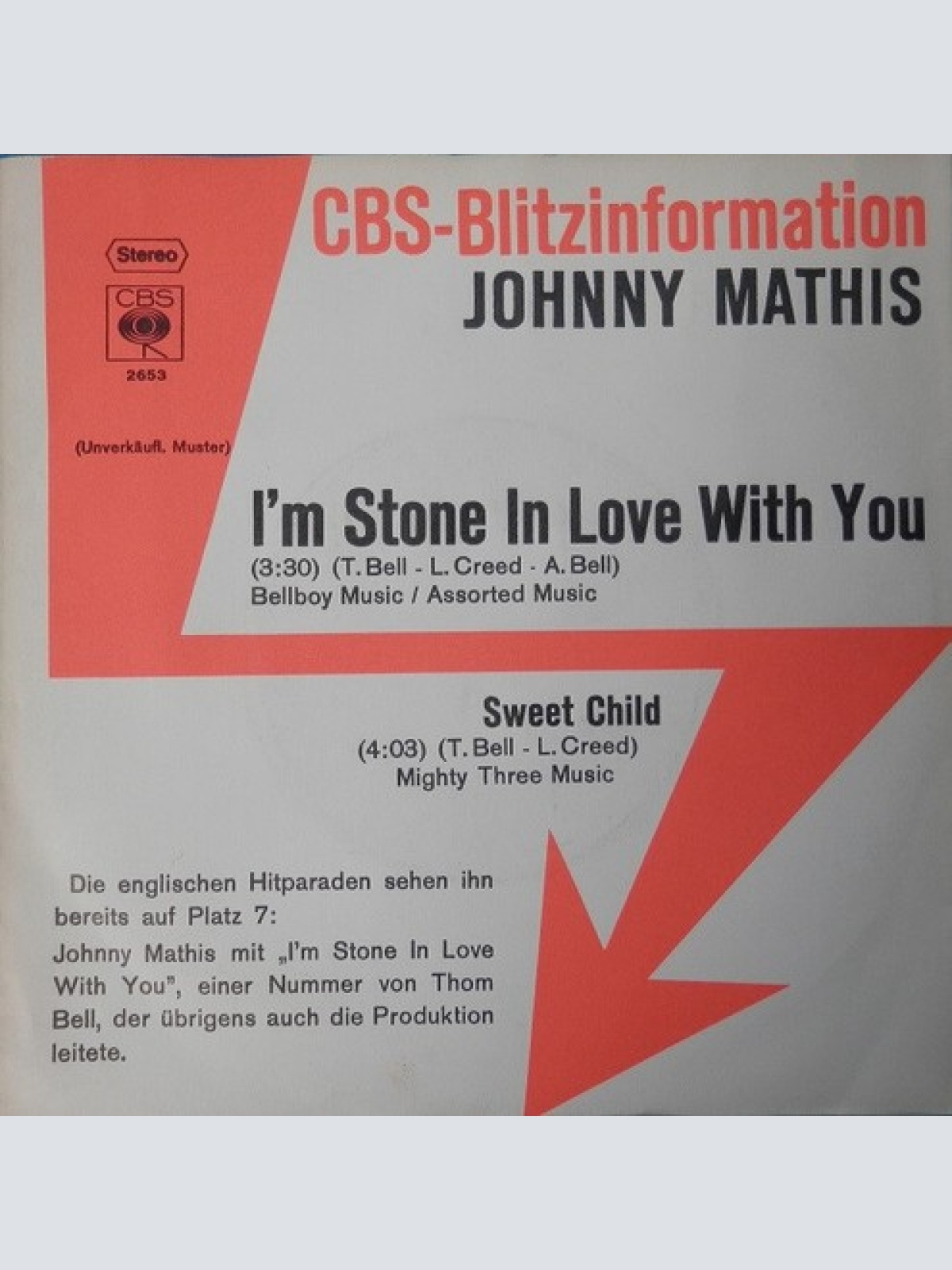 7", Promo Johnny Mathis - I'm Stone In Love With You / Sweet Child