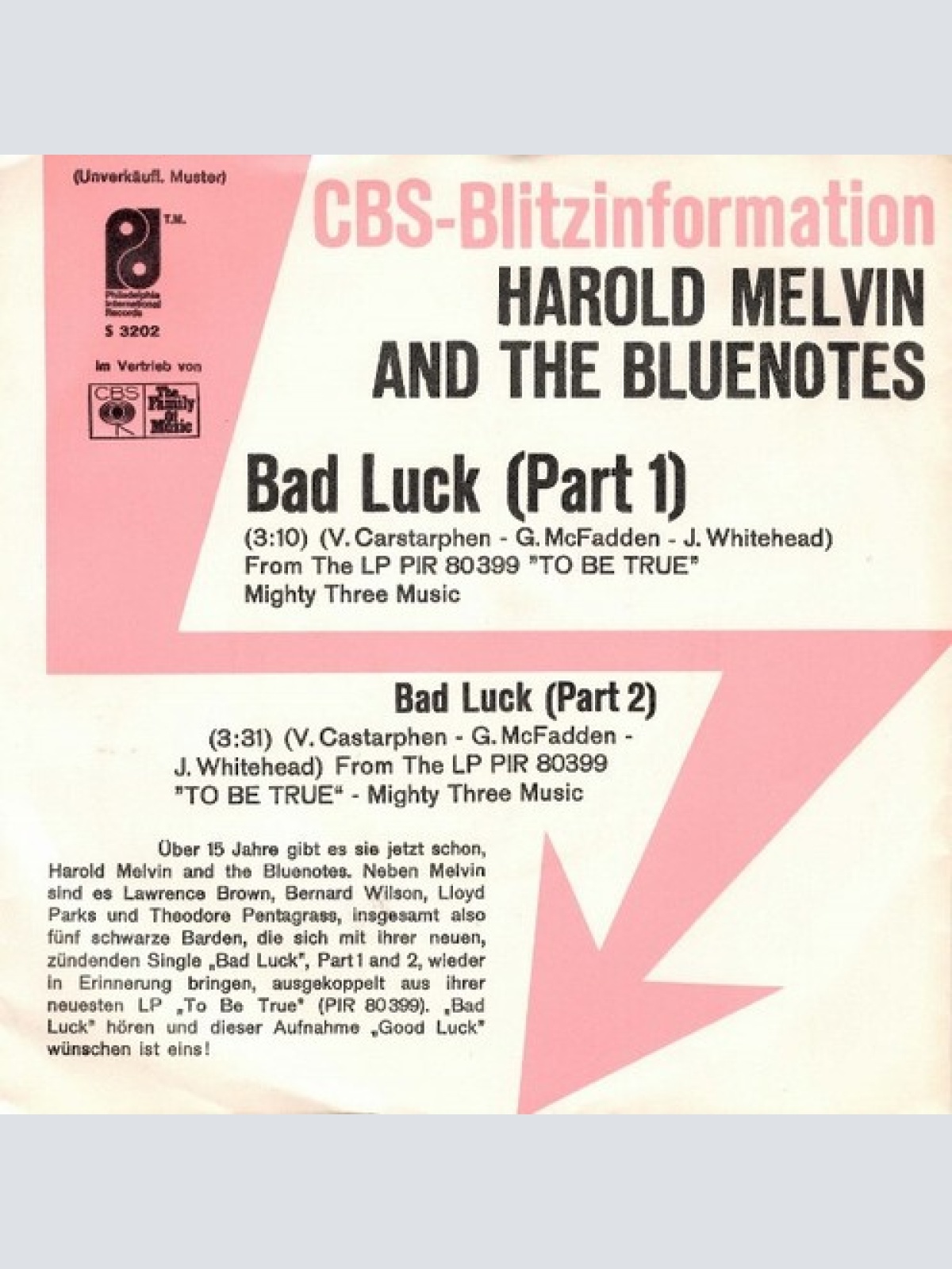 7", Single, Promo Harold Melvin And The Blue Notes - Bad Luck (Part 1 & 2)