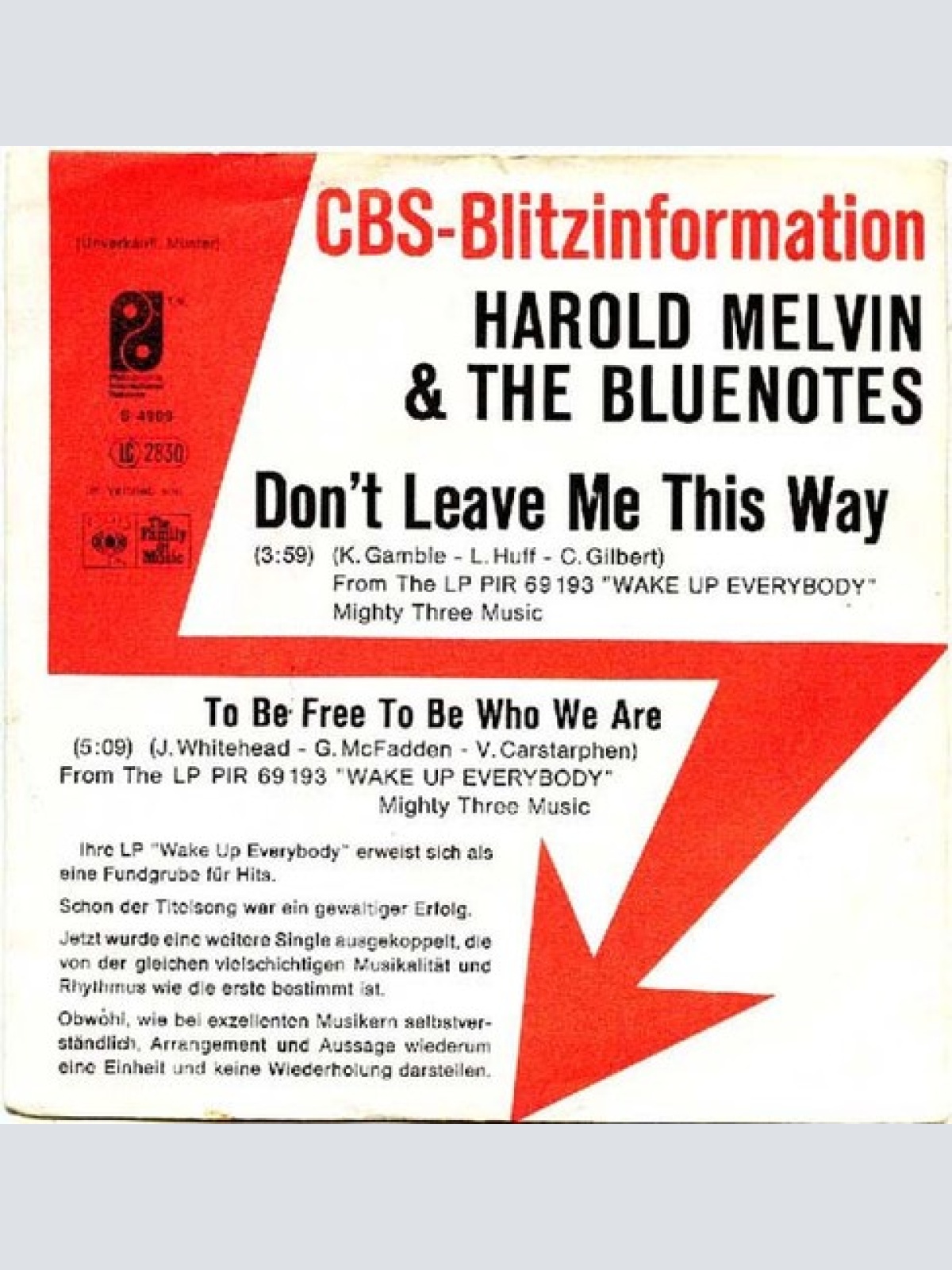 7", Single, Promo Harold Melvin & The Bluenotes* - Don't Leave Me This Way