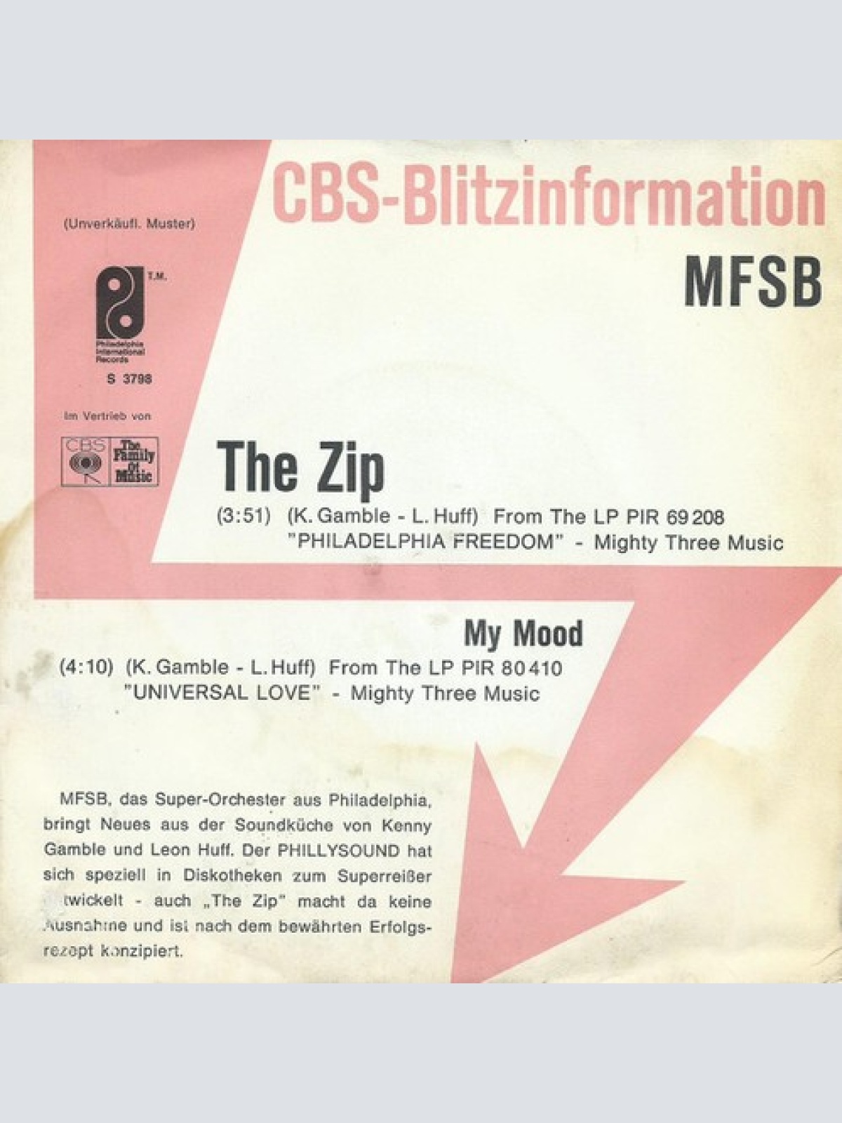 7", Single, Promo MFSB - The Zip