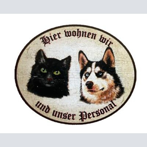 Kuk nostalgie holzschild “hier wohnen wir u.u. personal“ duo katze hund husky
