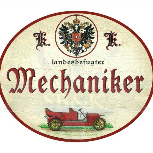 KuK Nostalgie Holzschild - Landesbefugter Mechaniker (Roter Rand) - Auto TH