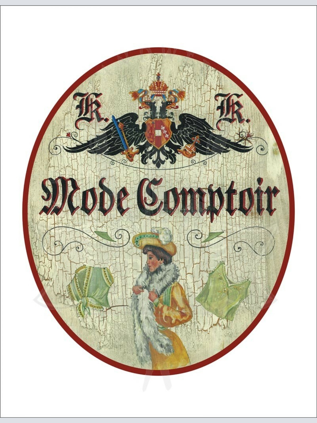KuK Nostalgie Holzschild - Mode Comptoir - Elegante Frau TH