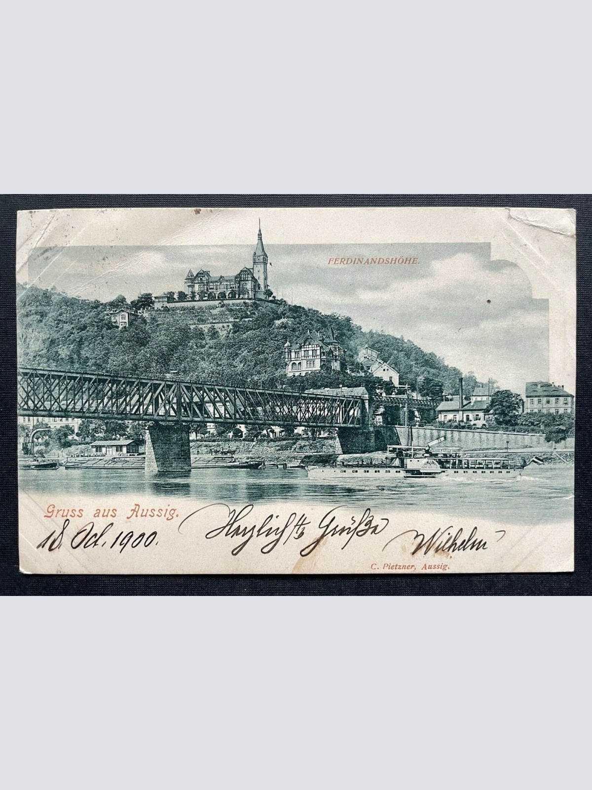Gruss aus Aussig Ústí nad Labem Stadt Elbe Brücke Schiff Tschechien 410674 C
