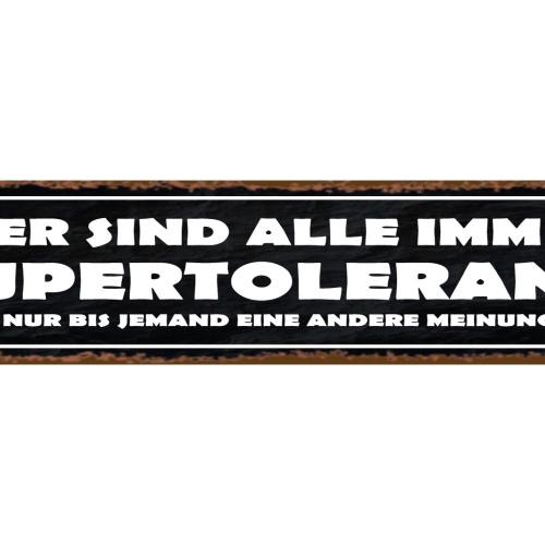 Schild Super Tolerant Andere Meinung Ansicht Verständnis 46 x 10 Blech od. Holz