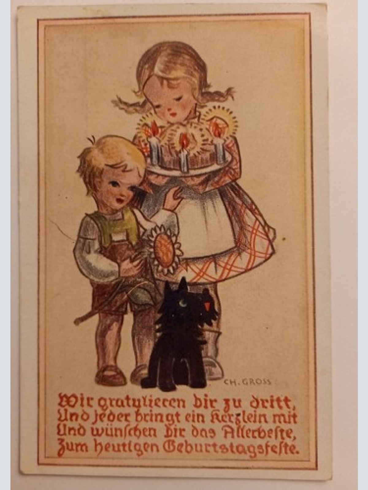 Korresp.karte, Ch.Gross, Junge u. Mädchen,  Hund schwarze Katze 500136A D
