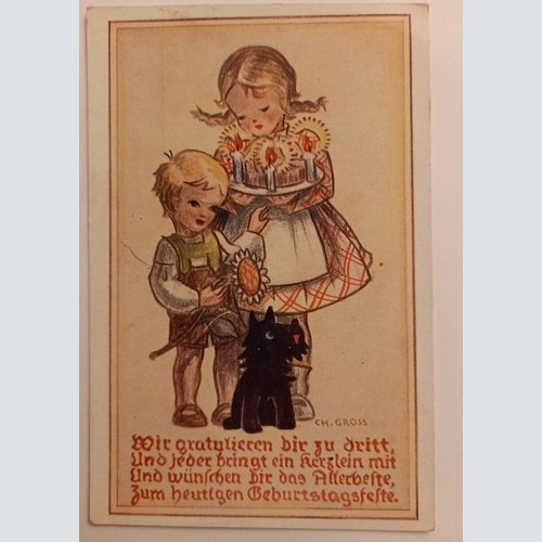 Korresp.karte, Ch.Gross, Junge u. Mädchen,  Hund schwarze Katze 500136A D